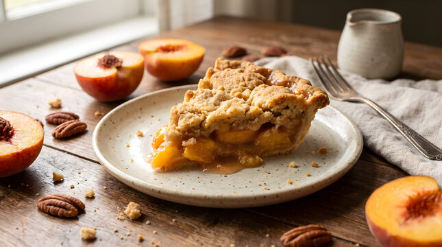Delicious homemade peach cobbler pie slice served on a rustic plate with fresh fruit and pecans on wood table