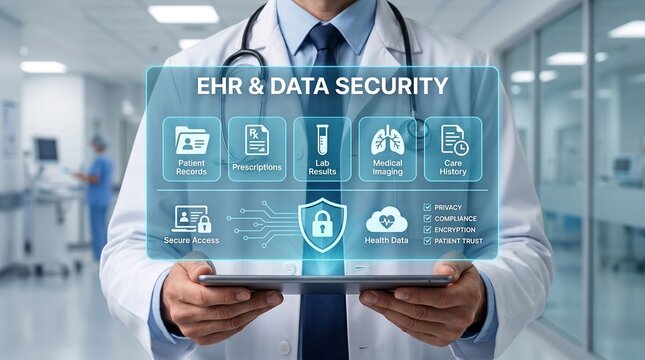 Electronic Health Record Security Dashboard Protecting Patient Data, Medical Imaging, Prescriptions and Clinical History