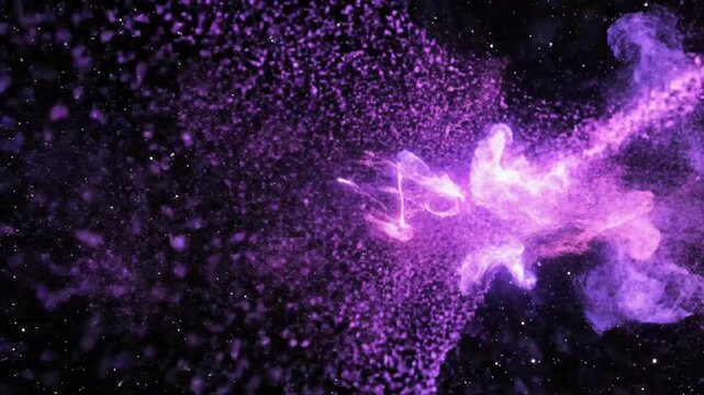 Abstract purple particles flowing in a black night sky with stars, representing energy, motion, and dynamism