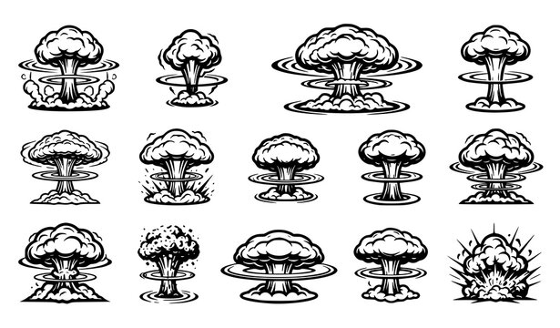 Monochrome nuclear blast mushroom cloud icon set vector illustration with black and white cartoon atomic explosions, shockwave rings and smoke