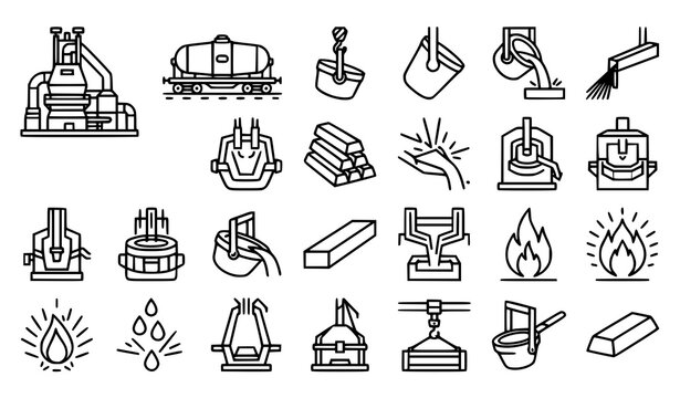Metallurgy and foundry icon set vector illustration with black line art blast furnace, ladle, molten metal pouring, steel ingots, crane and flames