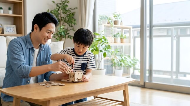 Father helping his young son build a wooden mechanical toy in a bright modern living room