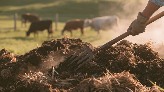 Farmer working beside steaming organic compost pile in pasture with cattle, showing sustainable agriculture and rural labor