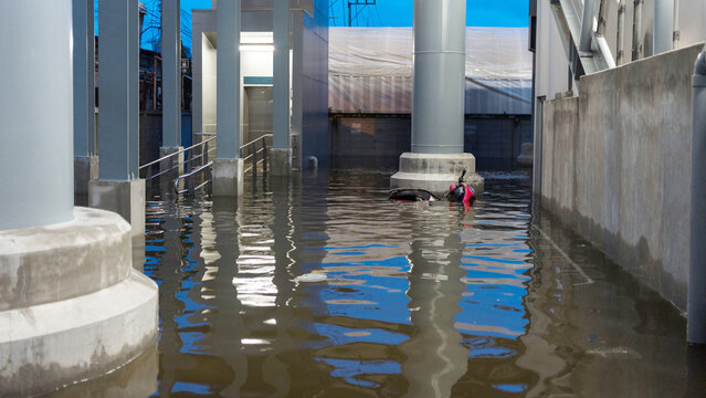 Submerged scooter in a flooded urban area beneath elevated concrete infrastructure at twilight