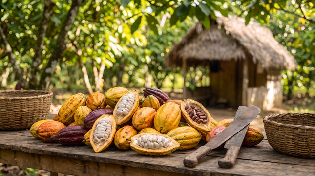  Harvested cacao pods and machetes on wooden table in plantation