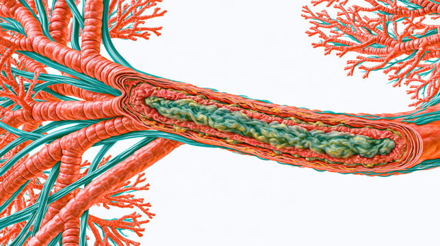 Medical cutaway illustration of human bronchia showing detailed airway anatomy, branching tissue, and colorful internal structures for education