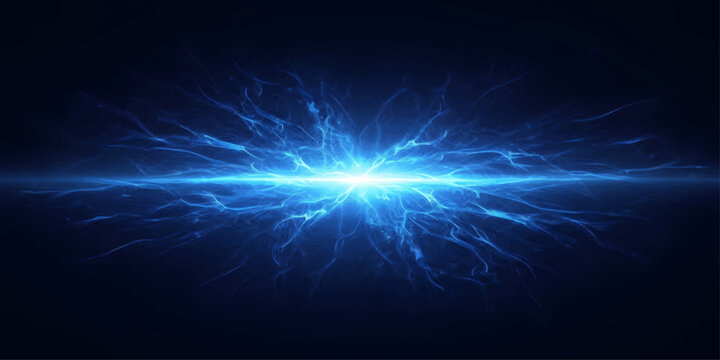 Electric Energy Burst A brilliant blue electric energy burst emanates from a central point, casting luminous rays and intricate fractal patterns against a dark, mysterious background.
