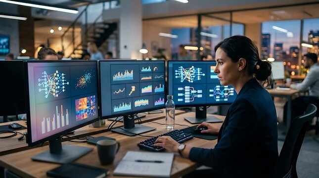 Woman working at a computer in an office at night with multiple monitors displaying complex data visualization charts and network diagrams