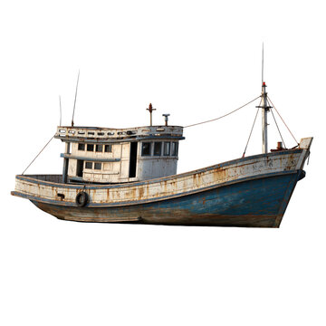 Weathered fishing trawler with peeling paint on tranquil water isolated on transparent background