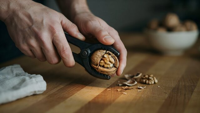 Close-up of hands using a nutcracker to open walnut on wooden surface