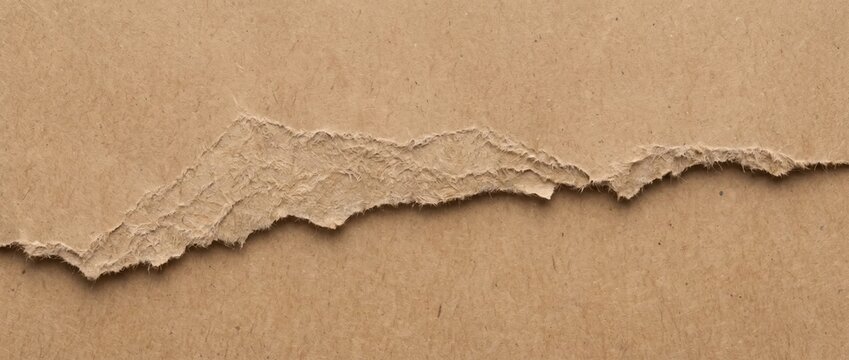 Torn brown kraft paper edge texture. Ripped cardboard paper strip banner. Recycled craft material background with copy space