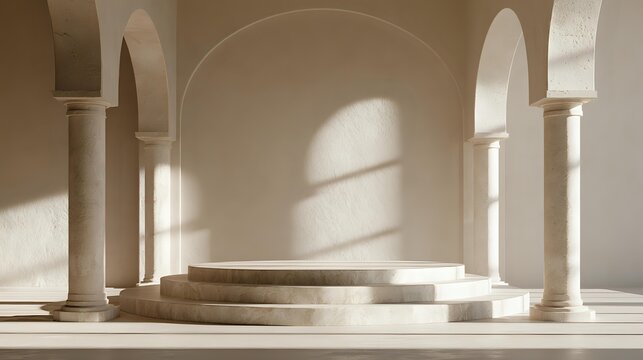 Sculpted alabaster display platform framed by soft limestone arches beneath diffused daylight premium luxury packaging background