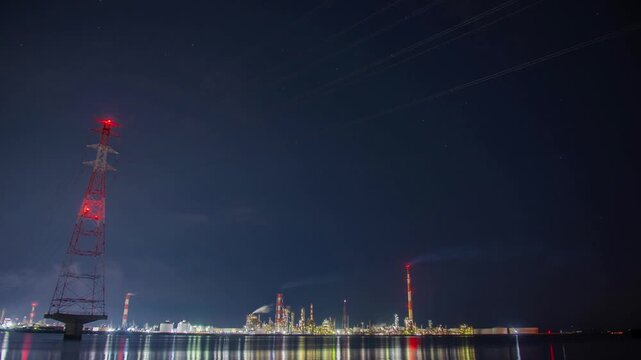 青崎から望む工場夜景と星空のタイムラプス