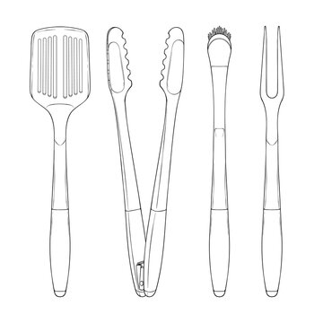 Clean outline set of barbecue cooking tools featuring a spatula tongs cleaning brush and a long fork on white ground