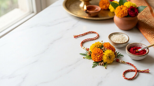 Festive floral arrangement with marigolds and maroon blossoms for traditional celebrations