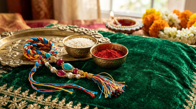 Traditional Indian Sacred Ritual Setup with Colorful Rakhi Bracelets and Religious Items on Velvet Cloth