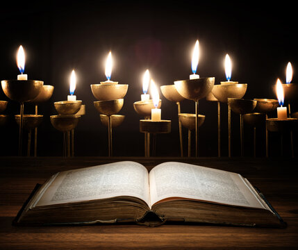 Old open book illuminated by the warm glow of numerous candles on a dark background, creating a dramatic vintage atmosphere associated with literature, knowledge, history.