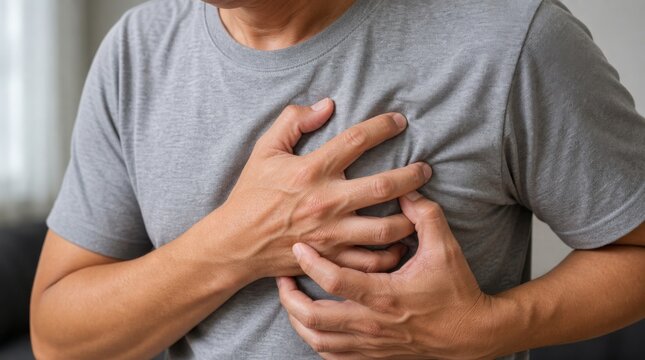 A man clutching his chest in pain, possibly experiencing symptoms of a heart attack or severe chest discomfort.
