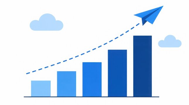 A blue paper airplane ascends along a dotted upward trend line above a bar chart with increasing blue bars, symbolizing growth and progress.