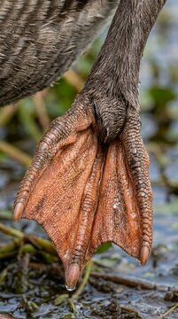Detailed close up of duck webbed foot with water drops