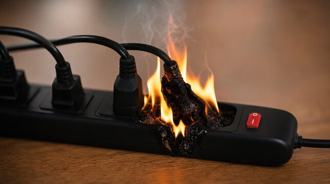 A power strip is on fire due to an electrical overload, with visible flames and smoke rising from the burnt plug area.
