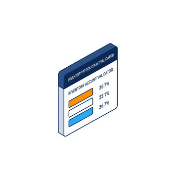 An isometric view of a digital inventory account validator interface shows progress bars and percentages.