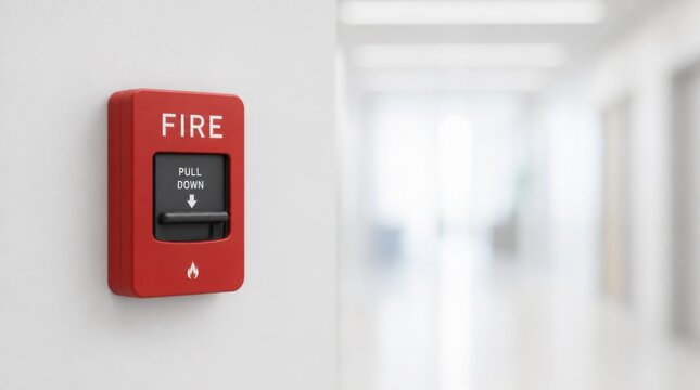 Red fire alarm pull station mounted on a white wall in a brightly lit hallway.