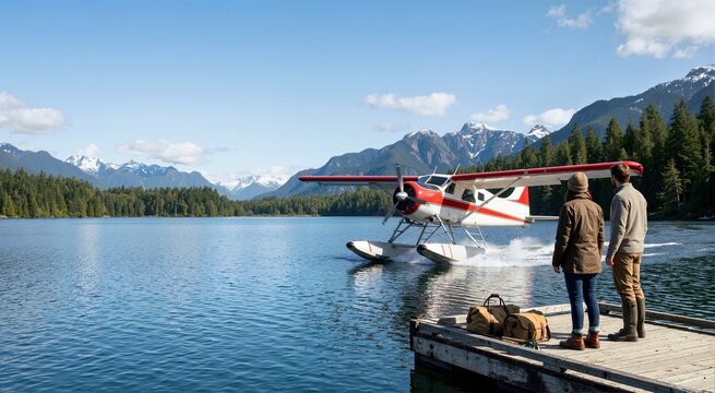 Couple watching seaplane land on lake from wooden dock. Floatplane arrival in scenic mountain landscape. Travel and adventure concept