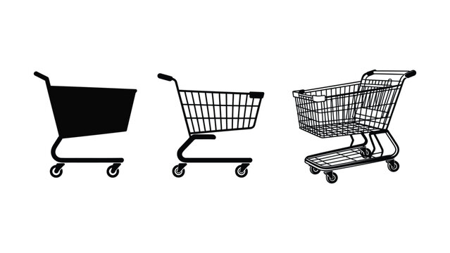 Collection of shopping cart illustrations showcasing various designs and shapes for retail and ecommerce purposes to depict consumer behavior and shopping experience