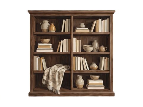 Wooden bookshelf with books and pottery, home retreat concept