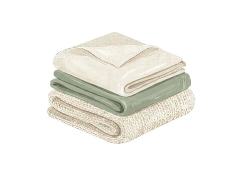 Folded linen, cotton and wool textiles, hygge home concept