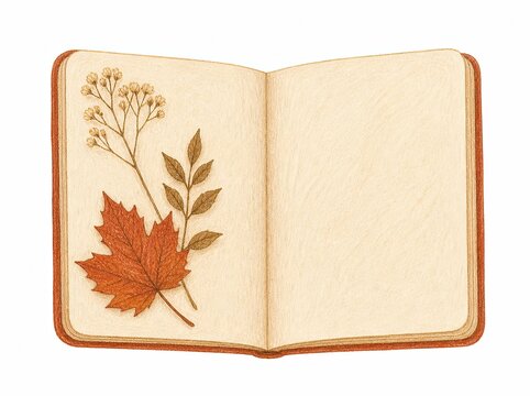 Open journal with dried leaves, cozy lifestyle concept