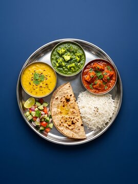Traditional Indian thali meal with rice curry vegetables and roti on a silver plate