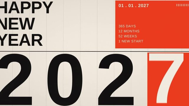 Swiss style 2026 to 2027 flip animation with bold black numbers, red January first date card and Happy New Year text on beige paper, 4K minimal typography motion graphics for social media
