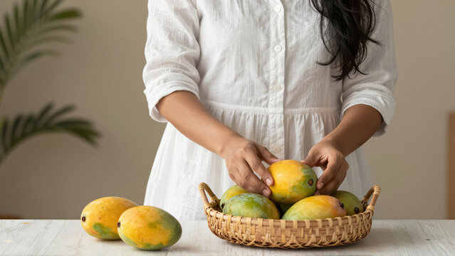 Woman in a white dress placing fresh mango fruit into a wicker basket. A healthy lifestyle concept with ripe tropical fruit on a kitchen table