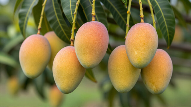 Ripe mango fruit hanging from a branch in a tropical orchard. The sunlit harvest features yellow skin against lush foliage. Ideal for fresh food design