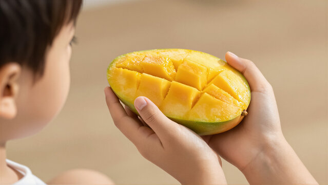 A child's hand holds a juicy, half-cut mango with diced flesh. This image captures healthy eating and sweet tropical fruit enjoyment