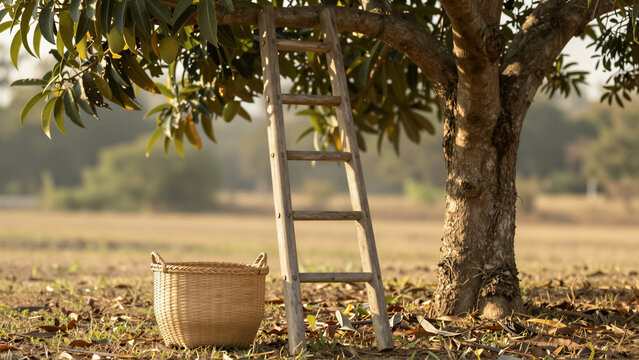 A traditional wooden ladder leans against a lush mango tree, ready for the fruit harvest. A wicker basket awaits on the farm ground, bathed in warm, golden hour sunlight