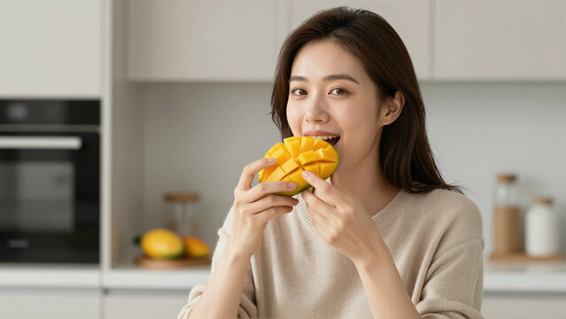 Young Asian woman happily enjoying a fresh, ripe mango in her modern kitchen. This delicious and healthy fruit is part of her vibrant, healthy lifestyle