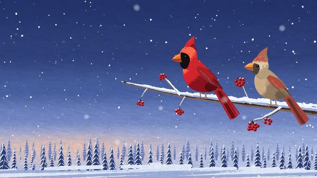 Oil pastel illustration of a cardinal pair on a snowy branch with red berries, gentle winter snowfall, Christmas card background with copy space, seamless loop
