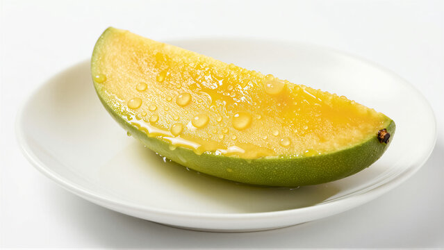 Detailed close-up of a fresh mango slice with water droplets on a white plate. This juicy tropical fruit is perfect for a healthy snack or organic dessert