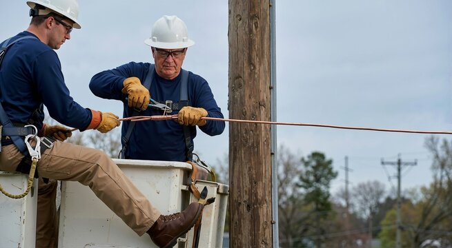 Utility lineworkers splicing electrical cable from bucket truck. Power linemen repairing overhead wire near wooden utility pole