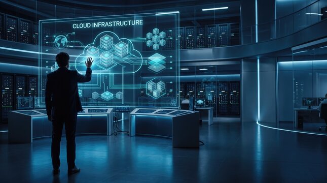Man interacting with holographic data visualization in a futuristic technology environment