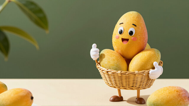 Happy mango character mascot holding a basket of fresh fruit on a table. This cute anthropomorphic fruit smiles in a bright garden