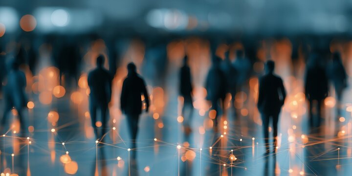 Human silhouettes connect through luminous lines and nodes across a digital network. Global communication and social relationships shaped by online technology.