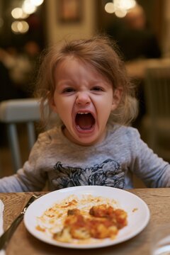 Two-year-old girl cries intensely at a restaurant table with food nearby. Toddler frustration and difficult family dining captured without idealization.