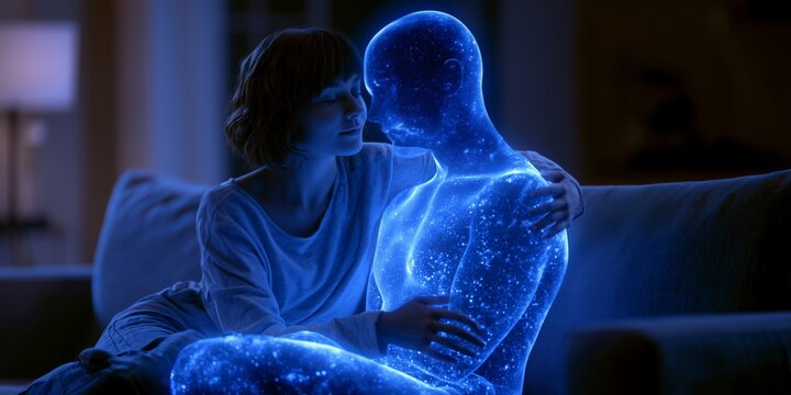 Woman sits affectionately beside a male AI companion on a sofa at home. Human-AI intimacy and virtual partnership enter ordinary domestic life.