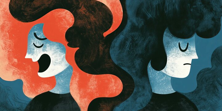 Contrasting emotional states represent the manic and depressive poles of bipolar disorder. Mental health complexity expressed through instability, intensity and inner conflict.