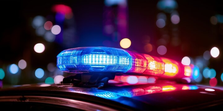 Blue and red emergency lights flash above a police car against the nighttime city. Law enforcement response, public safety and urgent urban activity.