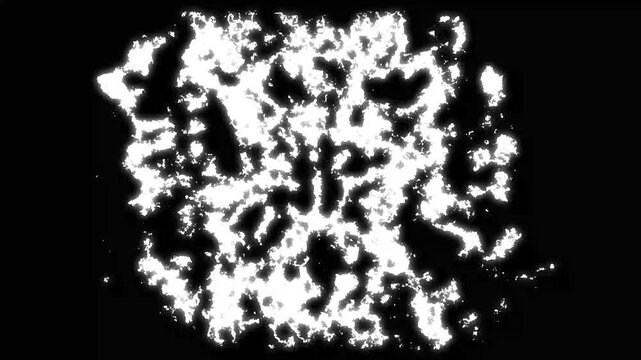 Abstract white ink cloud bursting across black screen, liquid paint droplets flying outward, flowing streams, rough brush textures, artistic grunge transition, 4K animation